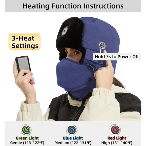 Men Navy Blue Heated Trapper Hat Faux Fur Ushanka with Rechargeable LED Light - Picture 3 of 7